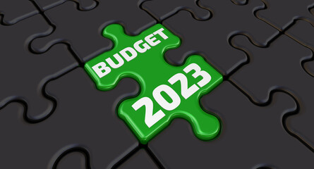 Fototapeta premium The budget of 2023. The inscription on the green element of the puzzle. Folded black puzzles elements and one green with white text BUDGET 2023. 3D illustration