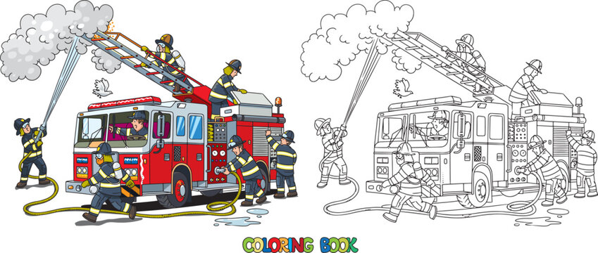 Firefighters near a fire truck. Coloring book