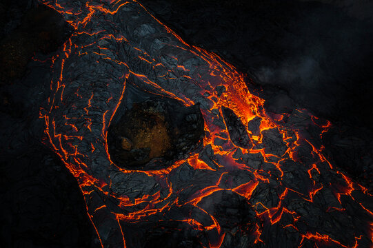 Flowing Lava At Fagradalsfjall Erupting Volcano In Reykjanes Unesco Geopark In Iceland