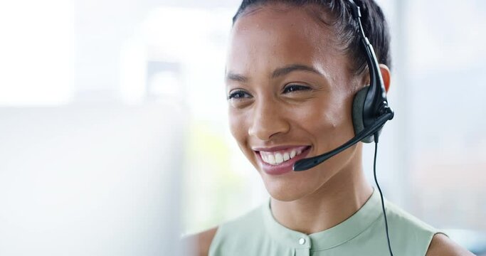 Woman at call center, contact us and telemarketing customer service help desk employee consulting a client. Contact center, customer care and insurance agent smile, laughing and friendly conversation