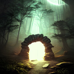 A mysterious ancient portal in a forest.  - obrazy, fototapety, plakaty