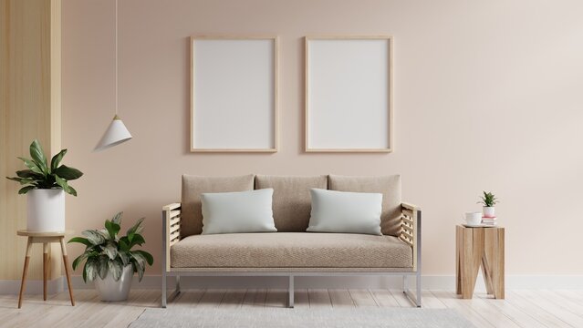 Mock Up Frame Posters In Scandinavian Style Living Room.3d Rendering