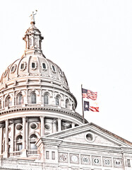 A colorful photo converted to a digital sketch of the Texas State Capitol Building in Austin, Texas, USA © Eric Skadson