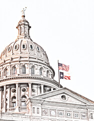 A colorful photo converted to a digital sketch of the Texas State Capitol Building in Austin, Texas, USA