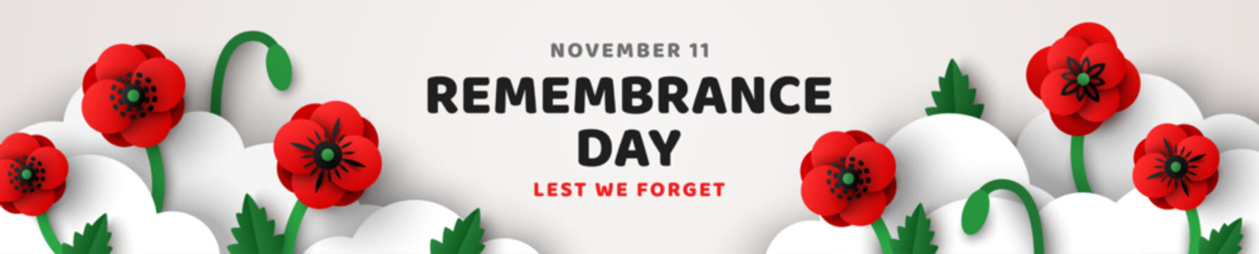 Remembrance Day header, voucher template, Memorial Anzac card flyer, paper cut poppy flowers in clouds, border frame. Vector illustration. Craft spring design, posters brochures. Place for text