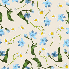 Seamless pattern with blue oxypetalum, camomille flowers, a beige background. Hand drawn sketch. Template for floral textile design, paper, wallpaper, web.