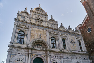 Fototapeta premium Venice, Italy - 10.12.2021: Bottom view of the Scuola Grande di San Marco in Venice, Italy. High quality photo