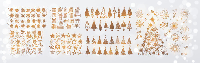 Big set of christmas doodle elements on white glowing background. Stars, snowflakes, christmas trees, fireworks