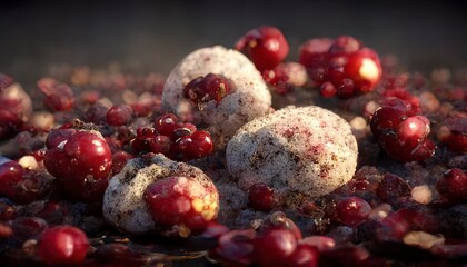 3D illustration of a Cranberries on the wooden basket with red colors