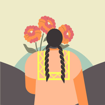 Ilustraci&oacute;n de vector de mujer mexicana ind&iacute;gena de espaldas en el horizonte sosteniendo ramo de flores