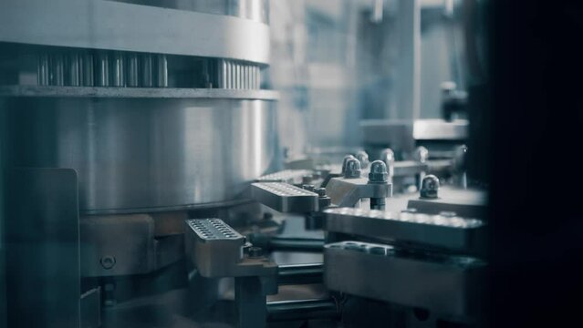 Automatic capsule filling machine, capsule filling device. Production line at a pharmaceutical company. The machine fills the capsule with contents. Production of drugs in tablets. Close up, DOF, 4K