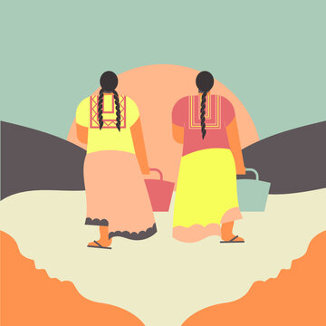 Ilustración vector de mujeres latinas caminando, platicando y disfrutando.	
