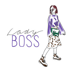 Boss lady, handwritten quotes, full length stylish girl in beautiful clothes, fashion