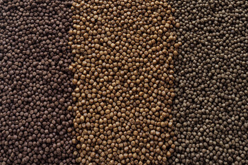 Animal feed mixed from finely ground protein powders of both plants and animals is pelleted to be used as pet food because pellets are convenient and accurate in feeding quantity.Copy Space background