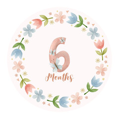 Monthly milestone card 6 months. Cute watercolor illustration.