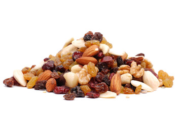 Mix of nuts and dry fruits isolated on a white transparent background, almonds, walnuts, hazelnuts and raisons on a pile, healthy food - obrazy, fototapety, plakaty