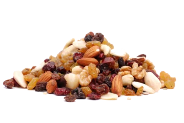 Fotobehang Mix of nuts and dry fruits isolated on a white transparent background, almonds, walnuts, hazelnuts and raisons on a pile, healthy food © Berit Kessler