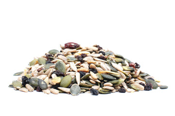 Mix of seeds isolated on a white transparent background, pumkin and sunflower seeds, pine nuts on a...
