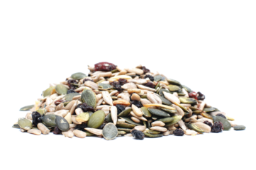 Mix of seeds isolated on a white transparent background, pumkin and sunflower seeds, pine nuts on a pile, healthy food