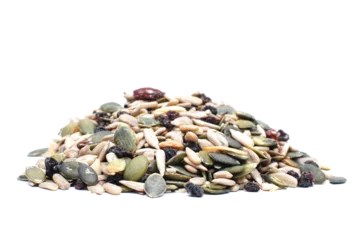 Fotobehang Mix of seeds isolated on a white transparent background, pumkin and sunflower seeds, pine nuts on a pile, healthy food © Berit Kessler