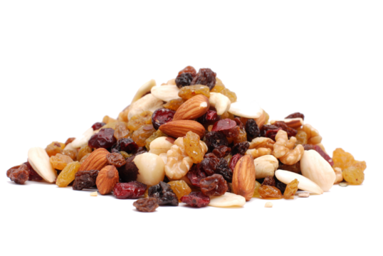 Mix of nuts and dry fruits isolated on a white transparent background, almonds, walnuts, hazelnuts and raisons on a pile, healthy food