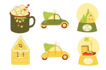 Festive christmas illustrations with christmas tree, snow globe, cocoa