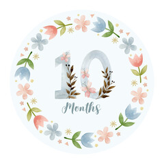 Fototapeta na wymiar Monthly milestone card 10 months. Cute watercolor illustration.