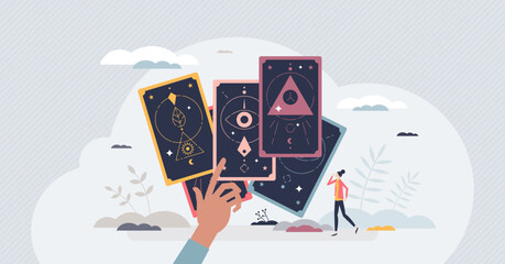 Tarot cards for future prediction and spiritual process tiny person concept. Magic astrology elements for destiny seeing and love, health or wellness forecasting vector illustration. Witchcraft deck. - obrazy, fototapety, plakaty