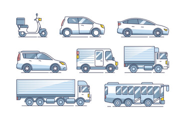 Cars set with various size, shape and type transportation outline collection. Vehicle models with delivery scooters and sedans vector illustration. Cargo and passenger rides with trucks and buses. - obrazy, fototapety, plakaty