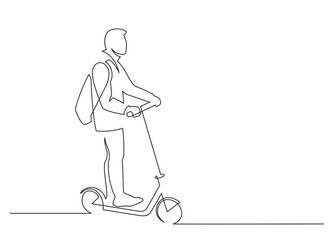 Continuous line drawing of a man rides an electric scooter. Vector illustration.
