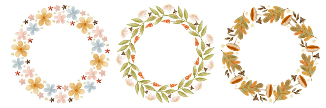 Set of autumn wreaths watercolor illustration isolated on white background.