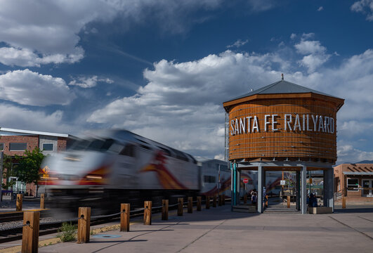 Santa Fe Railroad in Santa Fe, New Mexico showing the motion of the train going by.