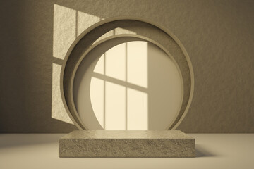Golden textured podium against plaster textured wall with circular holes sunlit through window. 3d rendering background for product presentation