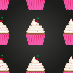 A set of cupcakes in a pink wrapper with whipped cream and a beautiful cherry with a leaf. Seamless vector illustration with cupcake pattern. Stylish wallpaper for a pastry shop. 