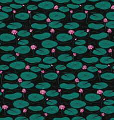 Seamless pattern of waterlilies or lotuses floating on dark background and detailed Lilly pads. Great for textiles, fashion, stationery, decor.