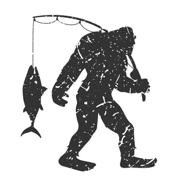 Fishing Bigfoot Illustration Clip Art Design Shape. Sasquatch Silhouette Icon Vector.