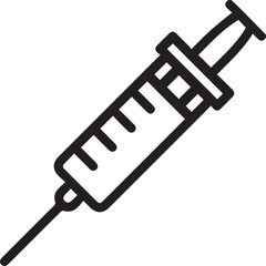 Injection icon drawing in outline style. Contour syringe sign with needle and medication. Medical symbol, vaccination, treatment concept.