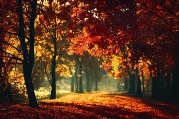 Autumn forest road leaves fall in ground landscape on autumnal background in November. copy space. 3d illustration.