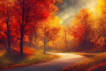 Naklejka na ściany i meble Autumn forest road leaves fall in ground landscape on autumnal background in November. copy space. 3d illustration.