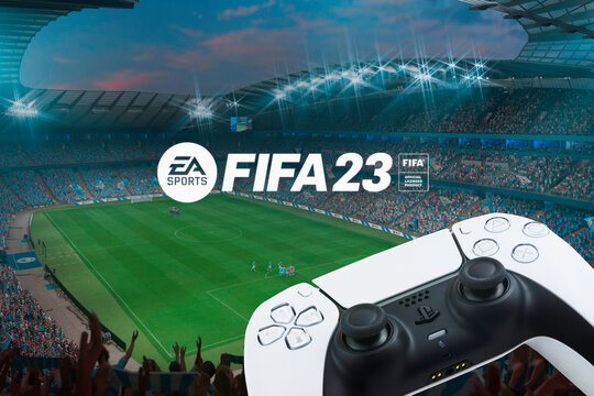 Playstation 5 Dual Sense Controller with Ultimate FIFA 23 game in the background. Rio de Janeiro, RJ, Brazil. August 2022.