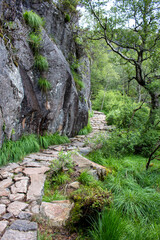 Fototapeta premium Historic Trail hiking at Prekestolen (Preikestolen) in Rogaland in Norway (Norwegen, Norge or Noreg)