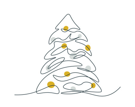 recommend clip art: Single line drawing of Christmas tree. Christmas or New Year illustration by continuous line. Outline drawing of Christmas tree with colored balls. Fir tree in one line in minimalistic style.