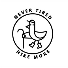 logo of a bird with walking stick, wearing boots, stamp design, tourist sticker label