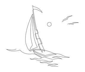 Yachts on sea waves. Seagull in the sunny sky. Continuous line drawing illustration. Isolated on white background