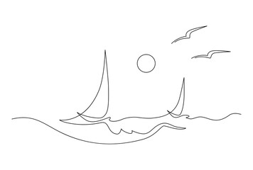 Yachts on sea waves. Seagull in the sunny sky. Continuous line drawing illustration. Isolated on white background