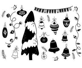 Christmas balls, decorative toys and bells, Christmas tree, garland and flags decoration. Vector illustration. isolated Hand drawn doodles for New Year holiday decor, design and greeting cards.