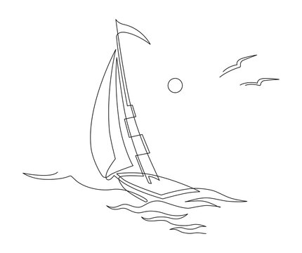recommend clip art: Yachts on sea waves. Seagull in the sunny sky. Continuous line drawing illustration. Isolated on white background