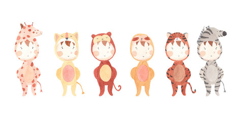 Safari animals watercolor kids face illustration for nursery and baby shower with lion, giraffe, zebra, tiger, monkey and sloth