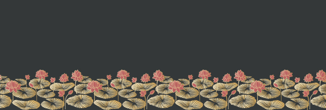 Ornamental repeating border design pattern of waterlilies or lotus flowers, buds, and lotus pads. Golden gradient and pink on dark. Great for stationery, decor, invites, decorative, contemporary style