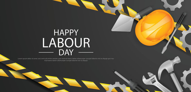 Labour day banner template design with Yellow safety hat and construction equipment.